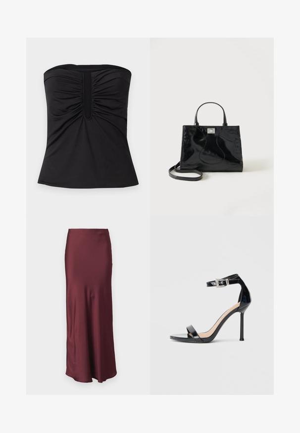 Zwarte strapless top van gladde stof, met geplooide details aan de voorkant en een rechte zoom. Geen zichtbare hardware of patronen.; Bordeaux satijnen maxirok met een aansluitende taille en een uitlopende zoom, voorzien van een gladde textuur en zonder zichtbare patronen of versieringen.; Zwarte sandalen met hoge hak van lakleer en een enkelriempje. Heeft een minimalistisch ontwerp, open teen en een gesp met strass-steentjes.; Zwarte handtas van lakleer met afgeronde handgrepen, een afneembare schouderriem en zilveren sluiting op een effen witte achtergrond.