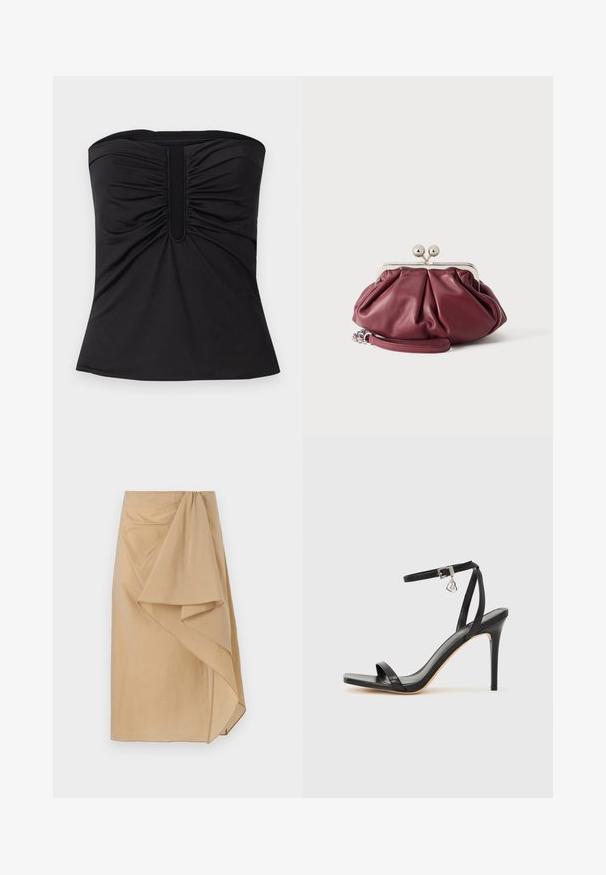 Zwarte strapless top van gladde stof, met geplooide details aan de voorkant en een rechte zoom. Geen zichtbare hardware of patronen.; Beige wikkelrok van lichtgewicht stof met een asymmetrische draping, voorzien van een gegarneerde tailleband en een gladde textuur. Geen zichtbare sluitingen.; Zwarte sandaal met hoge hak, smalle enkelband, vierkante neus, soepel leermateriaal en metalen gespsluiting.; Kleine bordeauxrode leren clutch met zilveren metalen gesp en polsriem op een witte achtergrond.