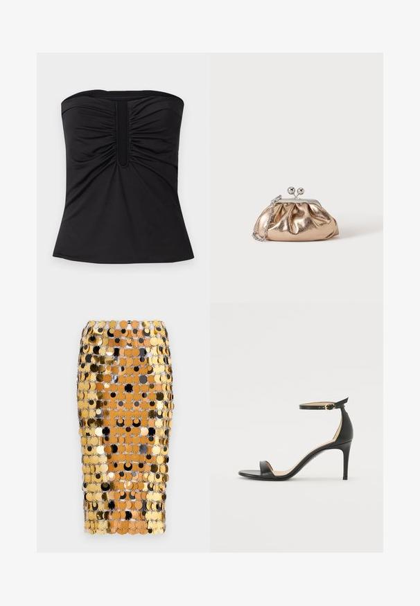 Zwarte strapless top van gladde stof, met geplooide details aan de voorkant en een rechte zoom. Geen zichtbare hardware of patronen.; Rabanne Kokerrok - brown/black; Zwarte leren hoge hak sandaal met enkelbandje. Heeft een gladde textuur, open teen en een dunne hak. Gouden gesp detail.; Kleine gouden metallic clutch met zilveren sluiting en kettingriem op een effen lichte achtergrond.