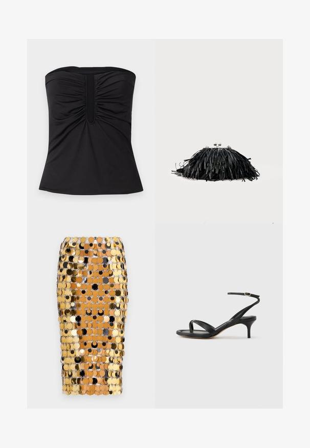 Haut noir sans bretelles en tissu lisse, avec des détails froncés à l'avant et un ourlet droit. Aucun matériel ou motif visible.; Rabanne Jupe crayon - brown/black; Sandale pour femme en cuir noir avec fines lanières, une boucle d'orteil, une boucle à la cheville et un talon aiguille de hauteur moyenne sur un fond neutre.; Pochette noire à franges avec fermoir argenté et chaîne, sur un fond clair uni.