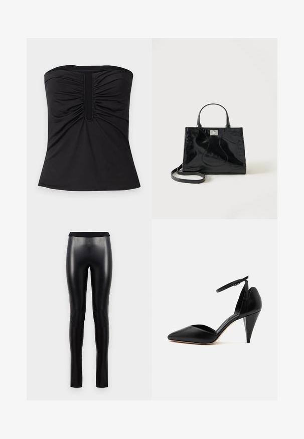 Haut noir sans bretelles en tissu lisse, avec des détails froncés à l'avant et un ourlet droit. Aucun matériel ou motif visible.; Leggings en simili cuir noir avec une texture lisse, une silhouette ajustée et une large ceinture. Aucune couture ni motif visible.; Escarpin en cuir noir à bout pointu avec bride à la cheville et talon conique sur fond blanc.; Sac à main en cuir verni noir avec poignées arrondies, bandoulière détachable et fermeture à boucle argentée sur fond blanc uni.