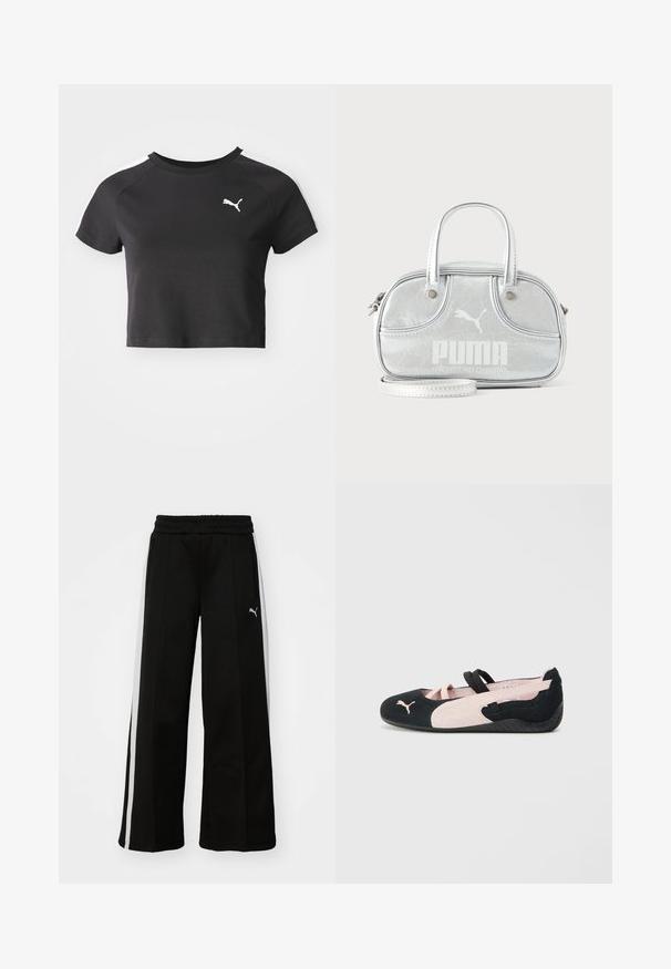 T-shirt noire cropped en coton, avec un col rond, des manches courtes raglan et un logo Puma blanc sur la poitrine gauche.; Pantalons larges noirs avec une taille élastique, des rayures blanches verticales, des poches latérales zippées et un petit logo sur la cuisse.; Ballerines en suède noir et rose clair avec des sangles élastiques, un bout arrondi et une semelle en caoutchouc texturée, arborant un petit logo à l'avant.; Petit sac à main Puma argent métallisé avec deux poignées supérieures, une longue bandoulière, logo sur le devant et fermeture zippée sur fond uni clair.
