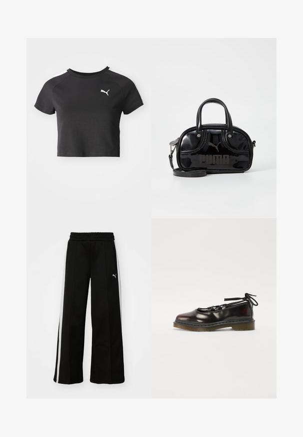 Camiseta negra corta de algodón, con un cuello redondo, mangas raglán cortas y un logo blanco de Puma en el lado izquierdo del pecho.; Pantalones anchos negros con cintura elástica, rayas blancas verticales, bolsillos laterales con cremallera y un pequeño logo en el muslo.; Zapato brillante de color rojo oscuro con punta redondeada, diseño con cordones, suela de goma y cordones negros, que presenta herrajes plateados y bordes cosidos.; Bolso de mano de charol negro con dos asas superiores, correa para el hombro desmontable, forma redondeada y destacado logo en relieve de "PUMA".