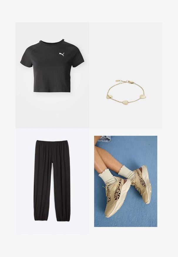 Camiseta negra corta de algodón, con un cuello redondo, mangas raglán cortas y un logo blanco de Puma en el lado izquierdo del pecho.; Pantalones negros sueltos con cintura elástica y puños elásticos fruncidos, diseñados para uso casual o de descanso.; Piernas cruzadas con zapatillas Puma beige con rayas de estampado de leopardo y calcetines crema con volantes sobre una alfombra azul.; Pulsera en tono dorado con cinco eslabones en forma de corazón alternos, dos de ellos texturizados con estrías, sobre una delicada cadena con cierre de langosta.