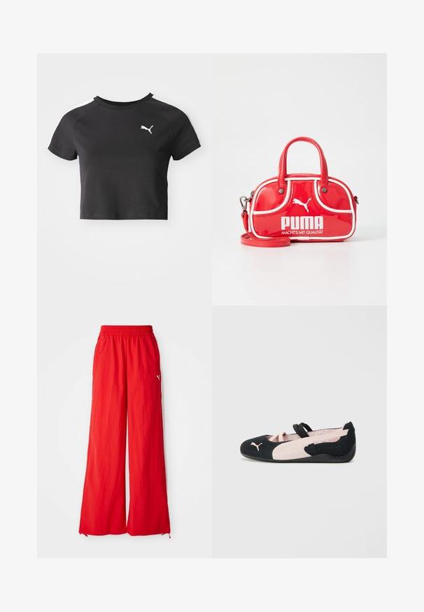 T-shirt noire cropped en coton, avec un col rond, des manches courtes raglan et un logo Puma blanc sur la poitrine gauche.; Pantalons larges rouges en tissu léger, avec une taille élastique, des poches latérales et un discret logo sur le côté.; Ballerines en suède noir et rose clair avec des sangles élastiques, un bout arrondi et une semelle en caoutchouc texturée, arborant un petit logo à l'avant.; Mini sac à main en cuir verni rouge avec des accents blancs, de forme arrondie, double anses, bandoulière amovible et logo PUMA bien visible.
