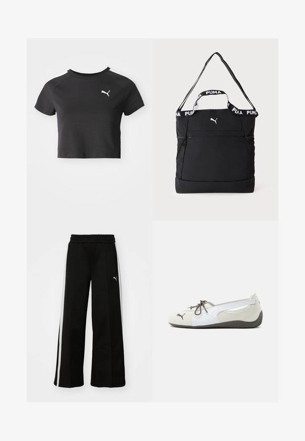 Camiseta negra corta de algodón, con un cuello redondo, mangas raglán cortas y un logo blanco de Puma en el lado izquierdo del pecho.; Pantalones anchos negros con cintura elástica, rayas blancas verticales, bolsillos laterales con cremallera y un pequeño logo en el muslo.; Zapatilla blanca y gris tipo slip-on con cordones marrones, logo de Puma en la parte frontal y suela oscura texturizada, mostrada de perfil sobre fondo blanco.; Bolsa tote negra Puma con dos asas, una correa de hombro ajustable, bolsillos laterales de malla y un pequeño logo blanco de Puma en la parte delantera.