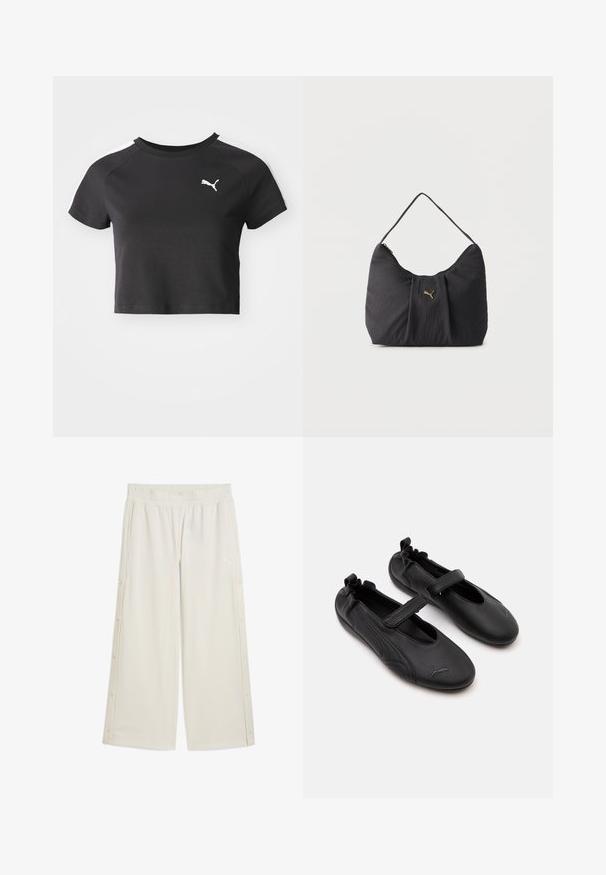 T-shirt noire cropped en coton, avec un col rond, des manches courtes raglan et un logo Puma blanc sur la poitrine gauche.; Pantalons larges beiges avec une taille élastique, des fermetures à pression sur le côté et un petit logo à l'avant. Fabriqués dans un matériau léger et lisse.; Paire de chaussures en cuir noir style Mary Jane avec arrière élastiqué et bride velcro, avec un logo Puma discret sur chaque orteil.; Sac bandoulière noir texturé avec plis, une seule poignée, et un petit logo Puma doré centré sur le devant.