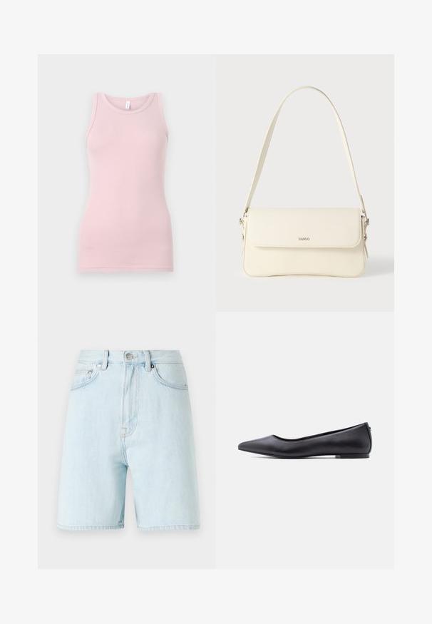 Lyserød tanktop lavet af blød og strækbar stof. Har en rund halsudskærm og smalle skulderstropper, med en glat tekstur og tætsiddende pasform.; Lyseblå denimshorts med høj talje, fem-lomme design og messingknaplukning. Har diskrete syninger og rå kanten.; Sort flad lædersko med spidst tåparti og lav hæl, vist i sideprofil mod en hvid baggrund.; Cremefarvet læder skuldertaske med flaplukning, sølvfarvet beslag, en enkelt justerbar rem og diskrete logodetaljer.