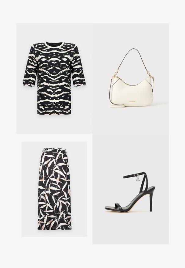 Haut à manches courtes noir et blanc présentant un motif audacieux à rayures de tigre, un col rond et un tissu doux et texturé.; Jupe midi noire avec motif abstrait de feuilles blanches et beiges, coupe droite et taille ajustée.; Sandale à talon haut noire avec une bride étroite à la cheville, bout carré, cuir lisse et accent de boucle métallique.; Sac bandoulière en cuir blanc avec des éléments dorés, des finitions noires et une bandoulière amovible. Logo Michael Kors doré en bas au centre.