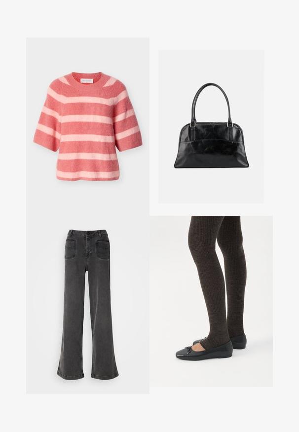 Jersey de punto a rayas rosas y crema con cuello redondo y mangas cortas, con una textura suave y un ajuste holgado.; Jeans negros de tiro alto y pierna ancha, hechos de denim, con cierre de botones, presillas para cinturón y dos bolsillos traseros con detalles de costura.; Piernas con leggings oscuros acanalados combinados con bailarinas negras que presentan pequeños detalles de lazo sobre un fondo blanco.; Bolso de cuero negro con dos asas superiores redondeadas y un bolsillo delantero ligeramente curvado, mostrado sobre un fondo liso y claro.