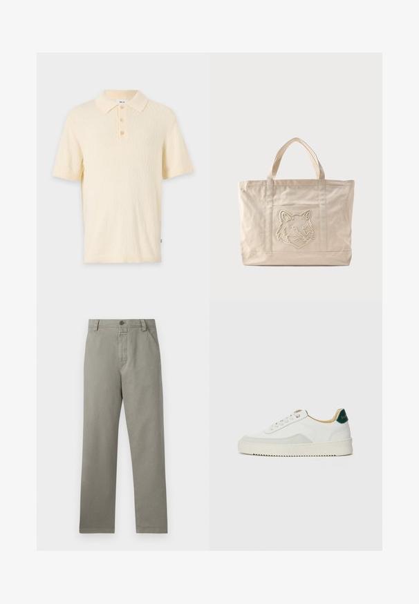 Polo de crema corto con una tela texturizada, un cuello clásico y una tapeta de tres botones. Presenta mangas cortas y puños acanalados.; Pantalones de color gris claro hechos de algodón, con un diseño de pierna recta, lazos para cinturón y un cierre de botón único en la cintura.; Zapatilla blanca con acentos de ante, puntera redondeada, cordones planos y suela de goma color crema. Presenta un logo verde en el talón.; Bolsa tote de lona beige con asas dobles y un diseño en relieve de la cabeza de un lobo en el bolsillo frontal.