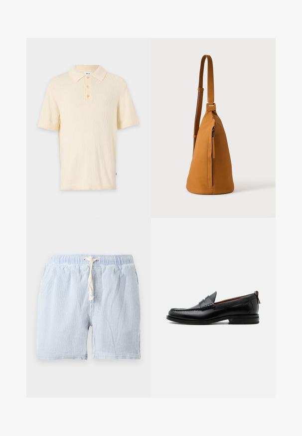 Polo de crema corto con una tela texturizada, un cuello clásico y una tapeta de tres botones. Presenta mangas cortas y puños acanalados.; Pantalones cortos a rayas de color azul claro, hechos de un tejido suave con cintura elástica y cordón. Con bolsillos laterales y un corte relajado.; Mocasín de hombre de piel negra con costura moc toe, tira penny, cuello texturizado y tacón bajo apilado sobre fondo blanco.; Bolso bandolera de piel color canela con correa ajustable y bolsillo vertical con cremallera, mostrado de lado sobre un fondo claro y liso.