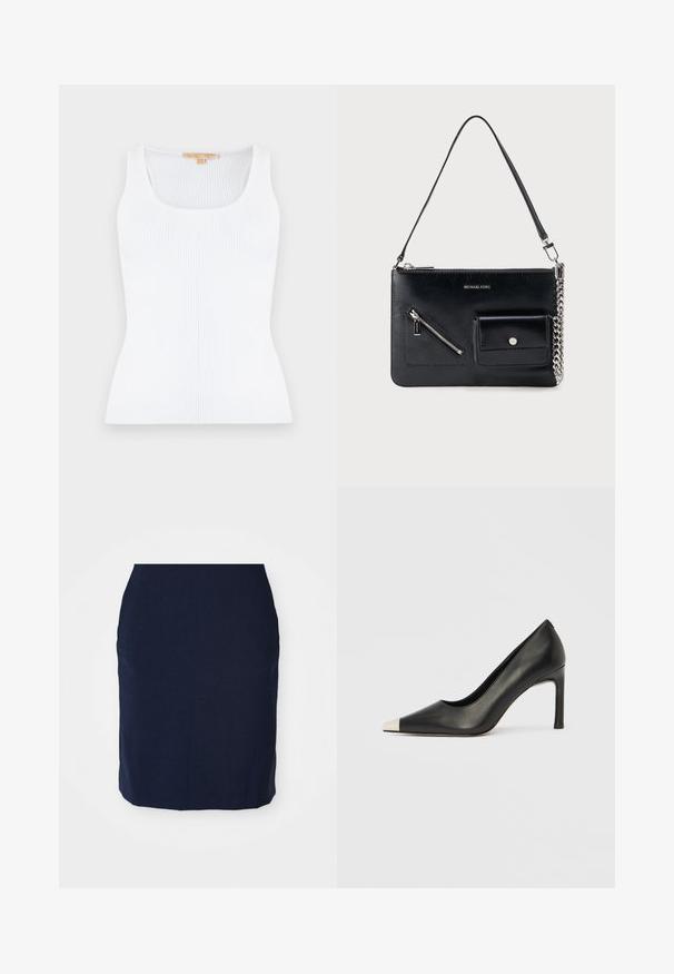 Hvid ribstrikket ærmeløs tanktop med rund halsudskæring og tætsiddende silhuet.; Navy blyantskørter lavet af tekstureret stof, knælang, med en tætsiddende design og uden synlige lukninger eller udsmykninger.; Sort læder højhælet sko med spids tå og metal-sølv hætte. Har en glat finish og en slank hæl på 10 cm.; Sort Michael Kors skuldertaske i læder med toplynlås, diagonal lynlåslomme foran, klaplomme med trykknap og sølvkædedetalje.