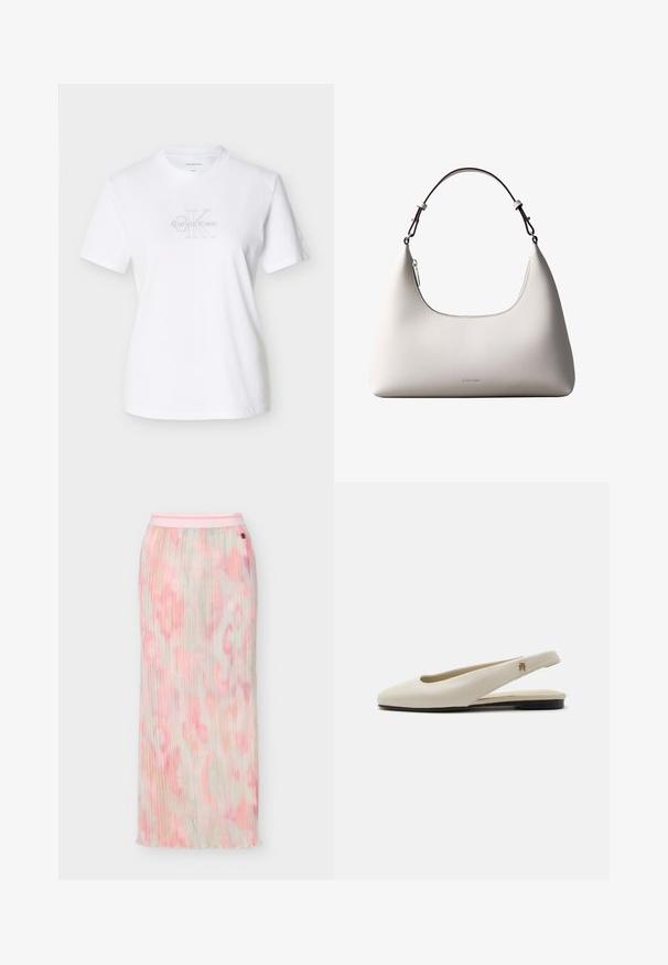 T-shirt en coton blanc à manches courtes, avec un logo frontal en texte gris, un col arrondi et une coupe classique.; Jupe longue plissée avec un motif tie-dye doux rose et beige, ornée d'un petit logo circulaire noir près de la ceinture.; Chaussure plate slingback en cuir couleur crème avec un bout arrondi et un petit emblème doré sur la bride.; Sac à bandoulière en cuir couleur crème de Calvin Klein avec bord supérieur incurvé, fermeture éclair argentée et sangle ajustable brun foncé.