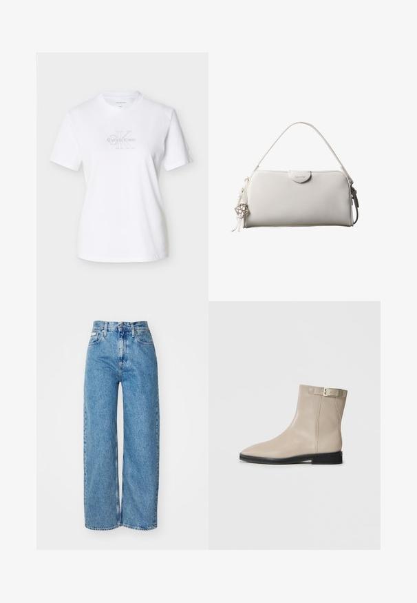Wit katoenen T-shirt met korte mouwen, voorzien van een voorlogo in grijze tekst, een ronde halslijn en een klassieke pasvorm.; Lichtblauwe denim wijde jeans met hoge taille, rafelrand en vijf zakken. De verslete textuur voegt diepte toe aan de stof.; Beige leren enkellaars met spitse neus, zwarte zool, lage hak en gouden gespband aan de buitenkant, weergegeven op een witte achtergrond.; Witte rechthoekige Calvin Klein handtas met enkele handgreep, minimalistisch ontwerp en decoratieve kwastjes met geometrische metalen hanger aan de zijkant.