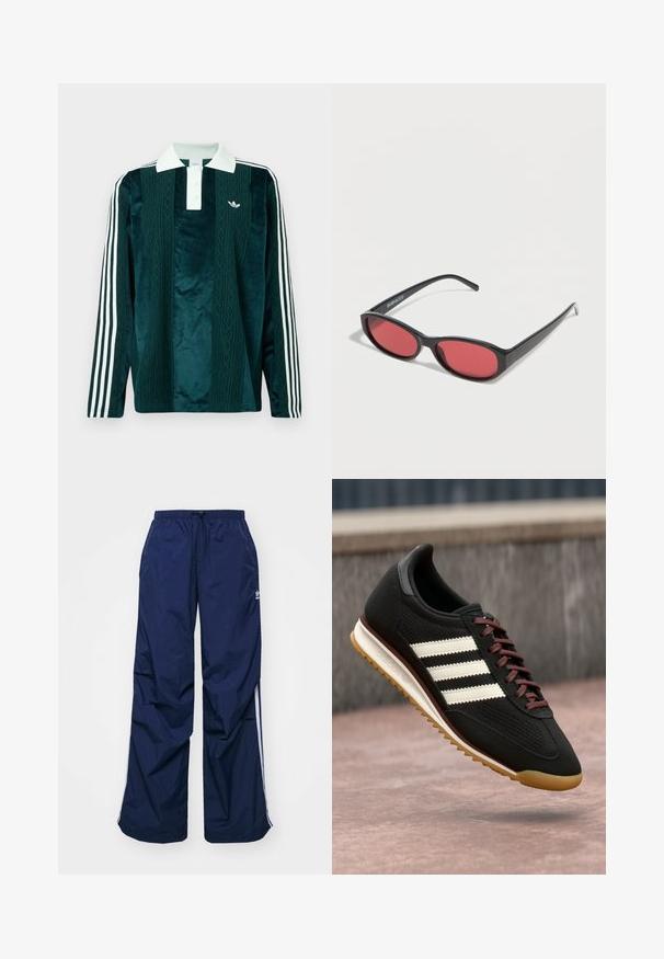Polo de manga larga en terciopelo verde oscuro con acentos blancos. Presenta una tapeta de tres botones, logo bordado y tres franjas blancas en las mangas.; Pantalones de color azul marino, ligeros, con cintura elástica y cordón ajustable, con franjas blancas laterales y un pequeño logo en la parte delantera. Diseño de corte holgado.; Zapato deportivo negro con parte superior texturizada, tres rayas blancas, cordones marrones y suela de goma. Diseño moderno con silueta de perfil bajo.; Gafas de sol ovaladas negras con varillas delgadas y lentes tintados de rojo descansando sobre una superficie blanca.