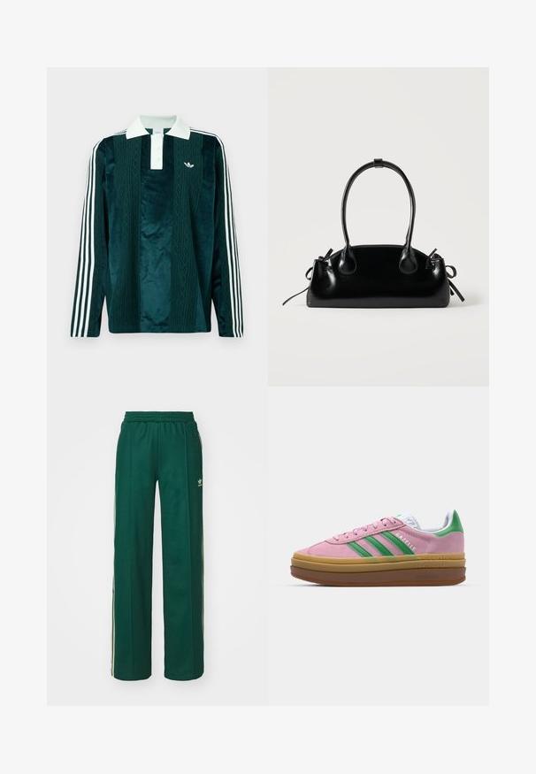 Long-sleeve polo in dark green velvet with white accents. Features three-button placket, embroidered logo, and three white stripes on sleeves.; Dark green athletic pants with a relaxed fit, featuring a drawstring waist, side pockets, and cream stripes along the sides.; Pink suede sneakers with green stripes, white accents, and a brown rubber sole. Features textured fabric and logo detailing on the side.; Small black glossy handbag with two long handles and side drawstring details on a plain light background.