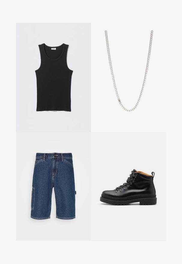 Sort ærmeløs ribstrikket tanktop med rund halsudskæring, fladt lagt på lysegrå baggrund. Etiket med teksten "WEEKDAY."; Denim cargo shorts i mørkeblå, med en klassisk pasform, fem lommer og en sidelomme til cargo. Kontrastsyninger langs sømmene.; Zign by Zalando LEATHER - Snørestøvletter - black; Sølv kædedesign med sammenkoblede led, glat tekstur og ensartet rektangulær form. Sikker lukning.