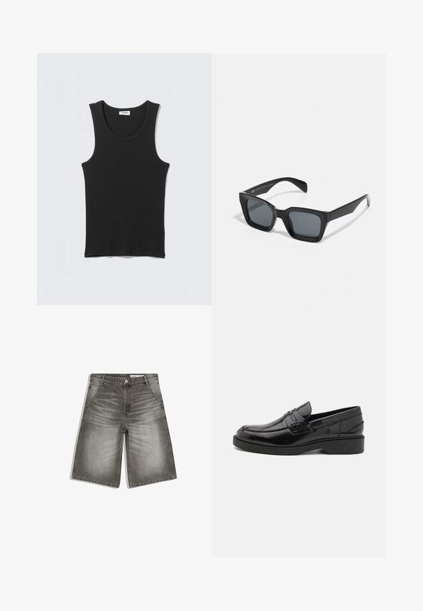 Débardeur noir côtelé sans manches avec encolure ronde, posé à plat sur un fond gris clair. L'étiquette indique « WEEKDAY ».; Shorts en denim gris avec poches avant, fermeture par boutons, passants pour ceinture, et détails décolorés sur les cuisses et près de la fermeture éclair.; Mocassins en cuir noir avec une finition lisse, un bout rond, un petit talon et descoutures décoratives à l'avant. Semelle en caoutchouc pour l'adhérence.; Lunettes de soleil noires rectangulaires avec des verres teintés. Monture en plastique avec une finition brillante, comportant un pont large et des branches légèrement effilées.