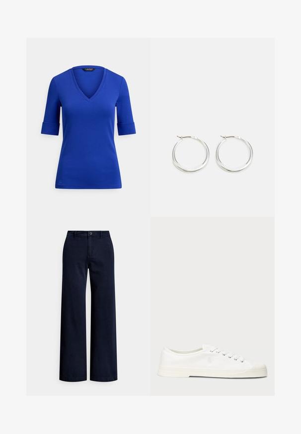 Camisa azul con cuello en V y mangas tres cuartos, confeccionada en tela lisa. Presenta puños de manga remangados y un pequeño logo en el dobladillo.; Pantalones de pierna ancha en color azul marino, fabricados en algodón, con cierre frontal de botones, trabillas para cinturón y un acabado liso y texturizado.; Zapatilla de lona blanca con puntera redonda, cierre de cordones y un discreto detalle de logo. Presenta una tela texturizada y suela de goma.; Los pendientes de aro de plata presentan un diseño suave y redondeado con un perfil delgado y un cierre seguro. Estilo minimalista con un acabado pulido.