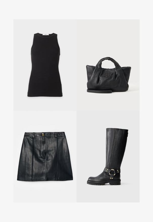 Zwarte geribbelde mouwloze tanktop met ronde halslijn, aansluitende pasvorm en een klein wit label aan de binnenkant van de kraag.; AERON RUDENS SKIRT - A-lijn rok - black; Zwarte leren kniehoge laars met elastische ribbel, profielzool en decoratieve band met goudkleurige metalen ring en klinknagels.; Zwarte zachte leren handtas met korte handvatten, een afneembare riem en een gestikt logo aan de voorkant, op een effen lichte achtergrond.