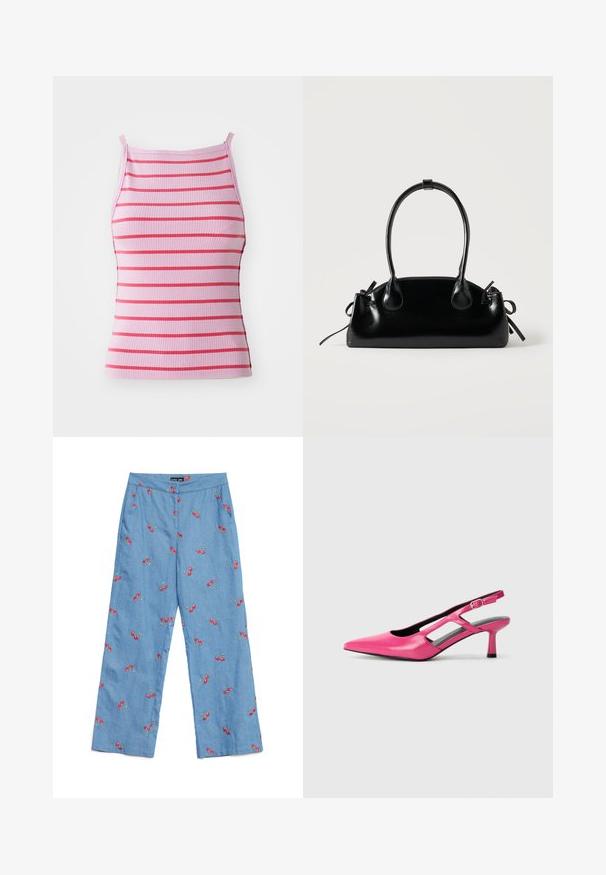 Hladká tank top v svetloružovej farbe s horizontálnymi červenými pruhmi. Má tenké ramienka a priliehavý strih. Mäkká textúra a elastický materiál.; Svetlomodré džínsy s červenou výšivkou čerešní po celej dĺžke, široký strih nohavíc a plochý pás s vreckami.; Ružová kožená slingback lodička s špicatou špičkou, detaily v tvare výrezu a nízkym podpätkom. Hladká textúra a nastaviteľné prackové zapínanie.; Malá čierna lesklá kabelka s dvoma dlhými rúčkami a bočnými šnúrkovými detailmi na jednoduchom svetlom pozadí.