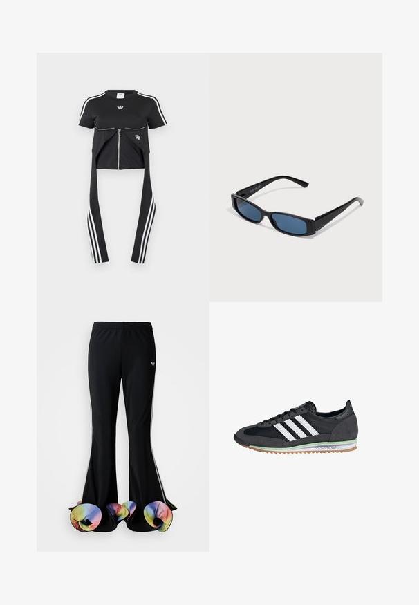 Čierny top s krátkym rukávom, bielymi pruhmi Adidas na rukávoch, detailom predného zipsu a predĺženými panelmi látky visiacimi dole s tromi bielymi pruhmi.; Čierne športové nohavice s širokým rozšíreným strihom. Majú farebné, volánkové spodné okraje a biele bočné pruhy. Vyrobené z elastického materiálu.; Čierne a šedé tenisky s vrchom z semišu a sieťoviny, so všetkými tromi bielymi pruhmi, gumovou podrážkou a zeleným akcentom na medzipodrážke.; Čierne slnečné okuliare s elegantným obdĺžnikovým rámom a modrými sklami. Majú hladký povrch a robustné ramienka. Na strane je logo značky.