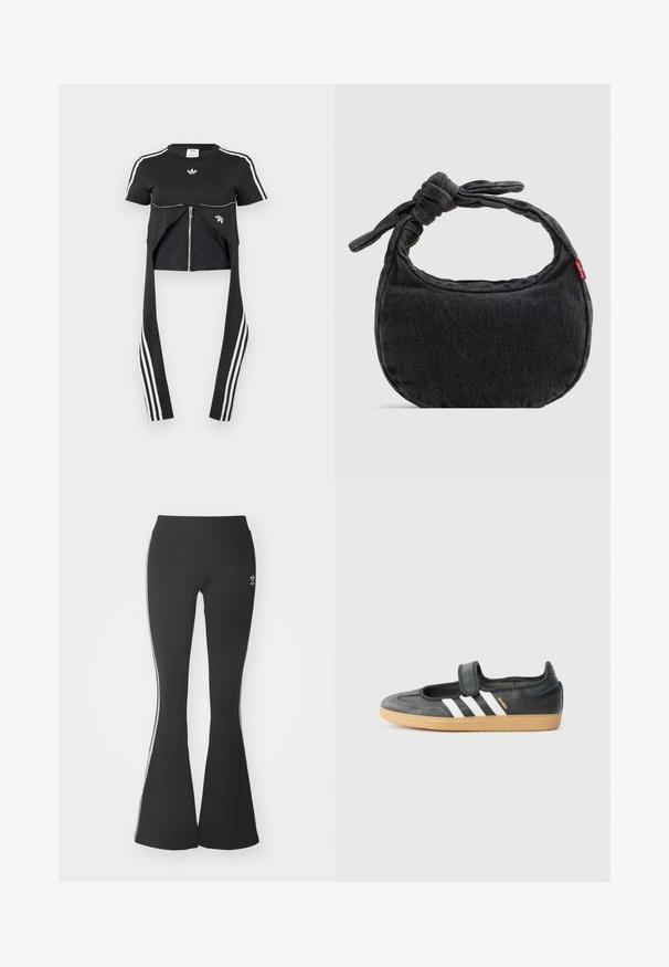 Must lühikeste varrukatega pluus, mille varruka külgedel on valged Adidas triibud, ees lukk ja pikendatud kangast detailid, millel on kolm valget triipu.; Mustad laiad leggingud venivast kangast, kõrgema vöökohtaga ja valgete külgtriipudega. Sisaldab väikest logo vöökohtadel.; Mustmust ja sametist sneaker, millel on Velcro rihm, kolm valget triipu ja kummi tallad, küljel on silt "SAMBA".; Väike must teksariidest õlakott sõlmitud rihma ja tõmblukuga sulgemisega, mille küljes on punane Levi's kangast silt.