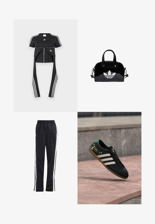 Čierny top s krátkym rukávom, bielymi pruhmi Adidas na rukávoch, detailom predného zipsu a predĺženými panelmi látky visiacimi dole s tromi bielymi pruhmi.; Čierne tepláky so bielymi bočnými pruhmi, elastickým pásom a logom. Vyrobené z hladkej, ľahkej tkaniny. Rovný strih.; Čierna športová obuv s bielymi pruhmi, vzorovaným zvrškom, zdobená kvetinovými prvkami a zelenou pätou. Gumená podrážka zabezpečuje priľnavosť.; Čierna lakovaná kožená kabelka s okrúhlym tvarom, dvojitými hornými rúčkami, striebornými akcentmi a výrazným bielym logom na prednej strane.