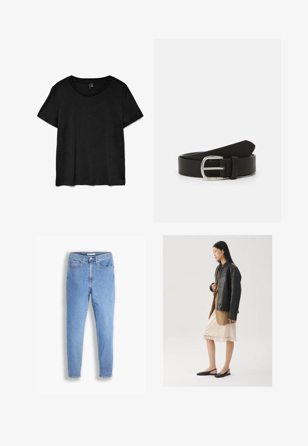 Schwarzes Kurzarm-T-Shirt aus weichem Stoff. Verfügt über einen klassischen Rundhalsausschnitt und einen lockeren Schnitt mit geradem Saum.; Hellblaue, hoch-taillierte, schmale Jeans mit vorderen und hinteren Taschen, Knopfverschluss und Gürtelschlaufen auf weißem Hintergrund.; Schwarze Lederjacke über einem braunen Oberteil, kombiniert mit einem hellen cremefarbenen Slip-Kleid mit Spitzenbesatz und schwarzen Slingback-Schuhen.; Schwarzer Leder Gürtel mit glatter Textur, ausgestattet mit einer silbernen Metall-Schließe und einer zulaufenden Spitze. Einfaches, klassisches Design.