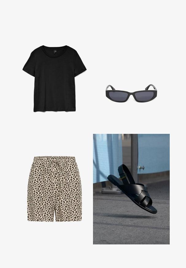 T-shirt noir à manches courtes en tissu doux. Il présente un col rond classique et une coupe décontractée avec un ourlet droit.; Shorts en imprimé léopard beige avec des taches noires et marron. Dotés d'une taille élastique avec un cordon de serrage pour un ajustement. Matériau léger.; Sandale en cuir noir avec bride à la cheville flottant au-dessus de l'asphalte près d'une barrière de chantier bleue.; Lunettes de soleil rectangulaires noires avec des verres teintés foncés et des montures épaisses sur fond blanc.