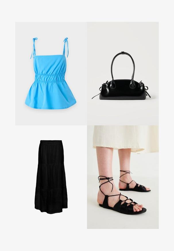 Haut bleu clair avec des bretelles à nouer réglables, corsage ajusté et design peplum évasé ; fabriqué dans un tissu lisse et léger.; Jupe maxi noire à plusieurs niveaux avec une taille élastique, fabriquée dans un tissu léger, présentant une finition texturée et une silhouette fluide.; Sandales plates en cuir noir avec un design entrecroisé et des liens à la cheville, présentant une texture lisse et un style ouvert aux orteils.; Petit sac à main noir brillant avec deux longues anses et des détails à cordon sur les côtés sur un fond clair uni.