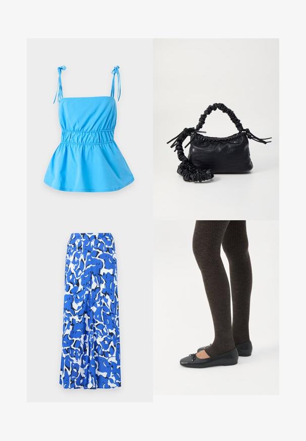 Top azul claro con tirantes ajustables, cuerpo entallado y diseño de peplum acampanado; hecho de una tela suave y ligera.; Falda larga con un patrón abstracto en azul y blanco, fabricada en un tejido ligero, con una cinturilla ancha y un silueta recta con aberturas laterales.; Piernas con leggings oscuros acanalados combinados con bailarinas negras que presentan pequeños detalles de lazo sobre un fondo blanco.; Bolso de mano de imitación cuero negro con textura de cocodrilo, parte superior fruncida y correa arrugada. Presenta un diseño suave y compacto.
