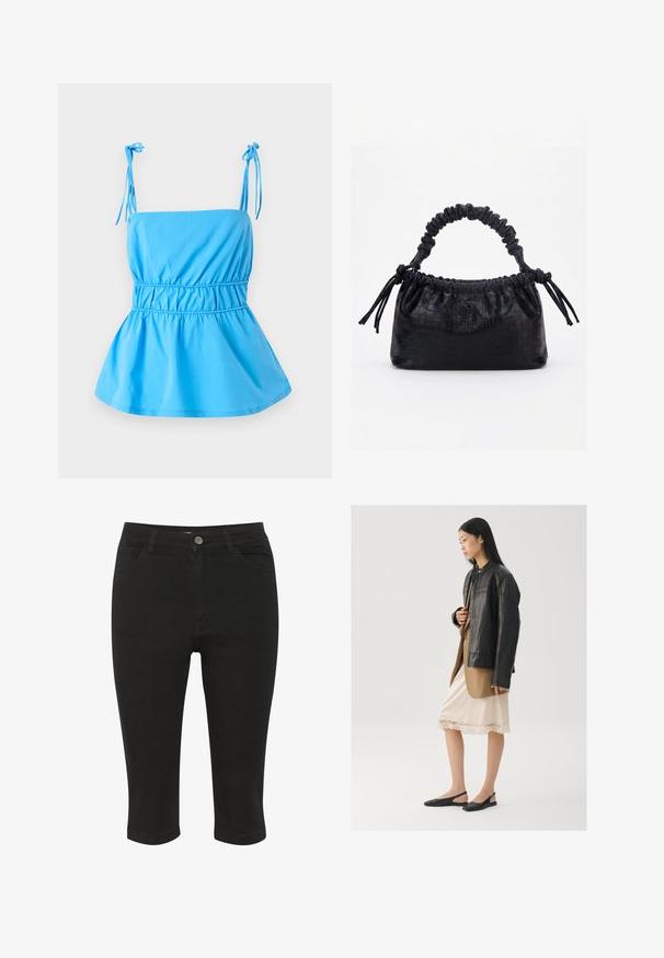 Hellblaues Oberteil mit verstellbaren Bindeträgern, tailliertem Oberteil und ausgestelltem Peplum-Design; aus einem glatten, leichten Stoff gefertigt.; Schwarze Denim-Caprihosen mit einer taillierten Passform, Fronttaschen und einem einzigen Knopfverschluss, ausgestattet mit einer glatten Textur und Knöchellänge.; Schwarze Lederjacke über einem braunen Oberteil, kombiniert mit einem hellen cremefarbenen Slip-Kleid mit Spitzenbesatz und schwarzen Slingback-Schuhen.; Schwarze Handtasche mit Krokodilstruktur, gerafftem oberen Rand, zusammengezogenem Griff und Zugkordeln mit Quasten an jeder Seite vor weißem Hintergrund.