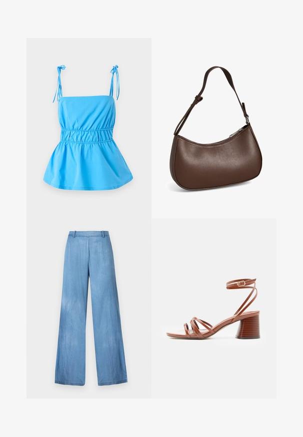 Top azul claro con tirantes ajustables, cuerpo entallado y diseño de peplum acampanado; hecho de una tela suave y ligera.; Vaqueros de pierna ancha de color azul claro, hechos de mezclilla, con una cintura alta, un ligero desvanecimiento y un dobladillo limpio sin adornos ni bolsillos.; Sandalia marrón con tiras, tacón cuadrado y hebilla de cierre en el tobillo, diseño minimalista, textura de cuero liso, vista lateral sobre fondo liso.; Pequeño bolso bandolera de cuero marrón con correa ajustable y cierre de cremallera, mostrado sobre un fondo blanco. Sin logotipos ni adornos visibles.