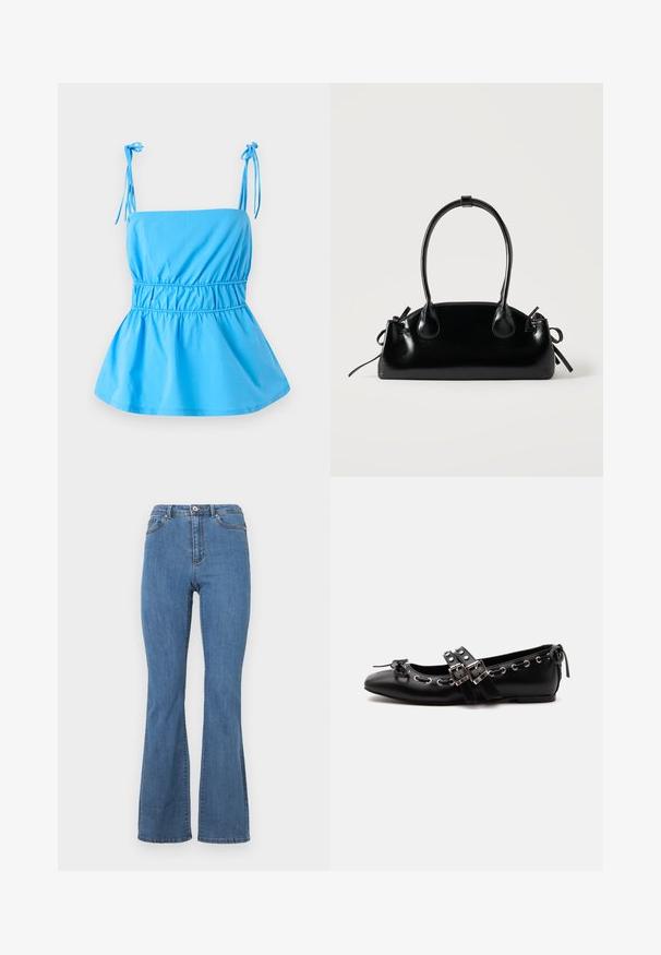 Top azul claro con tirantes ajustables, cuerpo entallado y diseño de peplum acampanado; hecho de una tela suave y ligera.; Vaqueros de campana azules hechos de denim, con una cintura alta, costuras en contraste y un cierre de botón único en la parte frontal.; Zapato de ballet plano negro con correas de doble hebilla, ojales plateados y un pequeño lazo cerca de la puntera redondeada sobre un fondo blanco.; Pequeño bolso negro brillante con dos asas largas y detalles de cordón lateral sobre un fondo claro liso.