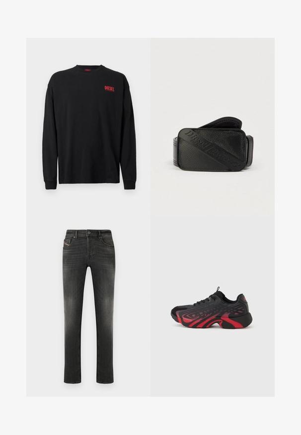 T-shirt noir à manches longues en coton avec un col rond. Présente un petit logo "DIESEL" rouge sur le côté gauche de la poitrine. Coupe régulière.; Jean gris foncé à coupe standard, design à cinq poches, légère décoloration et finition texturée subtile. Fermeture par bouton métallique à la taille.; Chaussure de sport noire et rouge avec une tige texturée ornée de motifs, fermeture à lacets et semelle épaisse en caoutchouc.; Ceinture noire présentant un design texturé avec un logo en relief bien visible. Le matériau semble lisse avec une finition en cuir.