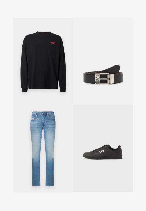 T-shirt noir à manches longues en coton avec un col rond. Présente un petit logo "DIESEL" rouge sur le côté gauche de la poitrine. Coupe régulière.; Jean en denim bleu clair avec une coupe ajustée, présentant une jambe droite et un léger délavé vers le bas. Style classique à cinq poches.; Baskets synthétiques noires avec une semelle noire texturée, un bout rond et des lacets plats noirs. Logo blanc remarquablement placé sur le côté extérieur.; Ceinture en cuir noir avec une boucle en métal argenté portant le texte en relief "DIESEL". Le design est épuré avec une texture lisse.
