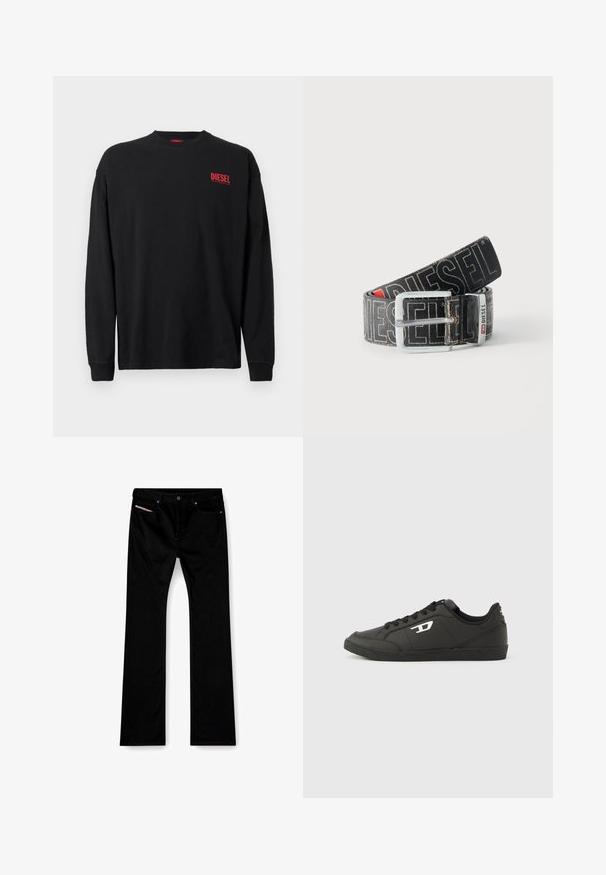T-shirt noir à manches longues en coton avec un col rond. Présente un petit logo "DIESEL" rouge sur le côté gauche de la poitrine. Coupe régulière.; Jeans noirs à jambe droite avec bouton et fermeture éclair à l'avant, poches avant et arrière, et une étiquette blanche visible dans la poche avant droite.; Baskets synthétiques noires avec une semelle noire texturée, un bout rond et des lacets plats noirs. Logo blanc remarquablement placé sur le côté extérieur.; Ceinture noire Diesel avec grand texte logo blanc, boucle rectangulaire en argent, et détail de boucle métallique brandée, enroulée sur un fond clair.