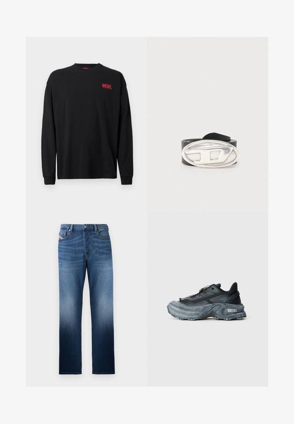 Sort langærmet T-shirt i bomuld med rund hals. Har en lille rød "DIESEL"-logo på venstre brystområde. Almindelig pasform.; Mørkeblå denim jeans med lige ben-design, præget af en bleget vask-effekt. Inkluderer en frontknaplukning og lommer.; Sort og grå Diesel sneakers med tyk sål, snørrebåndslukning og tekstureret design på en ensfarvet lysegrå baggrund.; Sort læderbælte rullet sammen med en stor oval sølvspænde, der har et hævet stiliseret "D"-design.