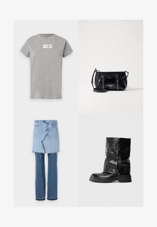 Grå bomuld T-shirt med korte ærmer og rund halsudskæring. Har en hvid rektangulær grafik med numeriske mønstre på brystet.; Denim beklædning, der kombinerer en lys blå miniskørt ovenfor og mørkeblå udvidede jeans nedenfor; har frynset kant og klassisk denimtekstur.; Sorte læder ankelstøvler med en blank finish, der har et fold-over design, trykknapdetalje og en chunky sål.; Sort faux læder crossbody taske med lynlåslommer, et dekorativt sølv emblem og en justerbar rem. Glossy tekstur og kompakt form.