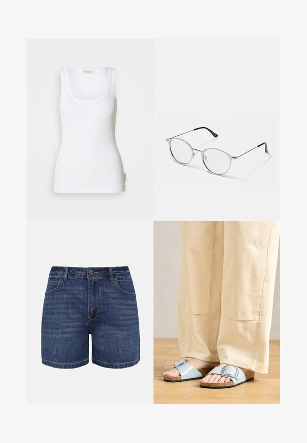 Débardeur blanc côtelé avec un col rond dégagé et des bretelles larges. Présente une étiquette logo sur l'ourlet latéral. Confectionné en tissu doux et extensible.; Shorts en denim bleu foncé avec bouton frontal, fermeture éclair, passants pour ceinture et poches avant, présentés sur un fond blanc.; Sandales en plastique bleu clair avec une large lanière et une boucle en argent, dotées d'une semelle en liège texturée et d'une semelle extérieure en caoutchouc noir.; Lunettes en métal argenté avec des verres ronds et une fine monture. Les embouts de branches noirs offrent un contraste. Plaquettes de nez ajustables incluses.