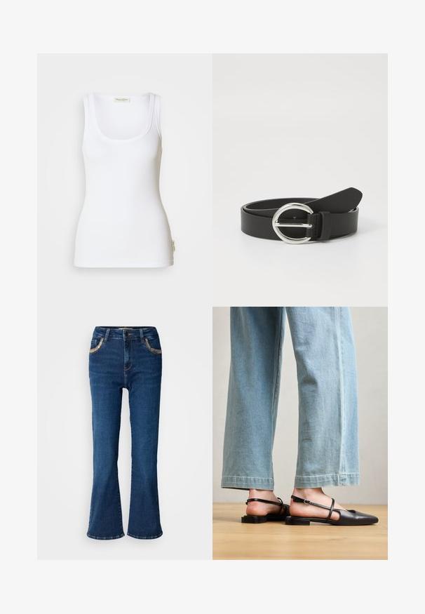 Hvid ribbet tanktop med rund halsudskæring og brede stropper. Har en logomærkat på sidesømmen. Fremstillet af blødt, elastisk stof.; Mørkeblå brede jeans med en glat denimoverflade, kontrasterende gyldne syninger og forlommer. Klassisk fem-lomme design.; Sorte læder slingback-sko med spidse tæer, flad hæl og ankelrem; båret med lyseblå viddebenede jeans.; Sort læderbælte med en rund sølvspænde, glat overflade og et enkelt design. Remmen er justerbar med en spidse ende.