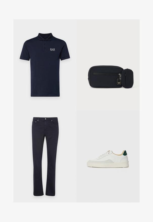 Navy blauwe polo met korte mouwen, gemaakt van zacht katoen. Voorzien van een drie-knopenpolo sluiting en een EA7-logo op de linkerborst. Klassieke pasvorm.; Marineblauwe katoenen broek met een rechte pijpdesign, voorzien van voorzakken, een ritssluiting en metalen hardwareaccenten.; Witte sneaker met suède accenten, ronde neus, platte veters en een crème rubberen zool. Bevat groene branding op de hiel.; Zwart rechthoekig tasje met ritssluiting aan de voorkant en een klein aangehecht afgerond tasje, tegen een effen lichte achtergrond.