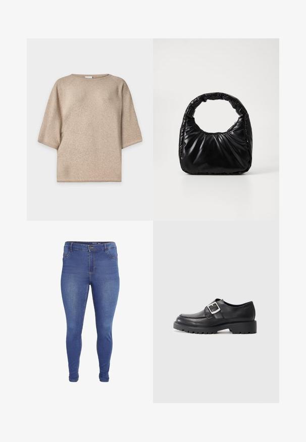 Beige gebreide trui met korte mouwen, ronde hals en een losse pasvorm, weergegeven op een effen witte achtergrond.; Blauwe skinny jeans met voorzakken, lussen voor een riem, knoopsluiting en lichte vervaging op de dijen en knieën.; Zwarte leren schoenen met een ronde neus, voorzien van een zijbuckle en een dikke, robuuste zool. Glad textuur met minimale stiksels.; Zwarte gevoerde handtas met een ronde handgreep, met een gladde, glanzende oppervlakte en een zachte, gewatteerde textuur. Geen zichtbare metalen onderdelen of accenten.