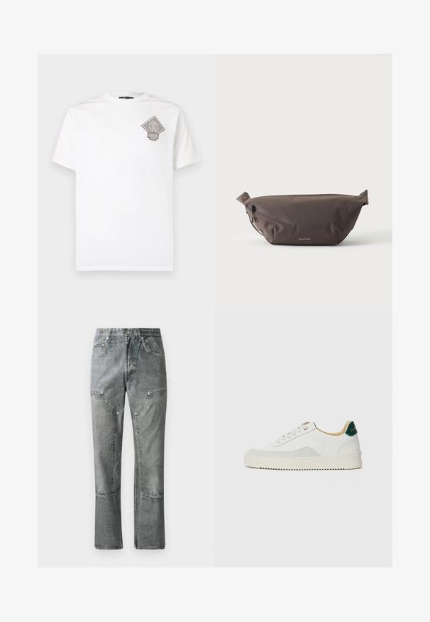 T-shirt en coton blanc avec un logo gris en forme de losange sur la poitrine gauche. Manches courtes, col rond et coupe standard.; Jean en denim gris à coupe droite, avec poches avant, coutures visibles et finition décolorée. Le matériau a une texture lisse.; Baskets blanches avec des accents en daim, bout arrondi, lacets plats et semelle en caoutchouc crème. Présente une marque verte sur le talon.; Sac banane en tissu marron foncé avec poche zippée en diagonale et petit logo blanc sur le devant, sur un fond clair uni.