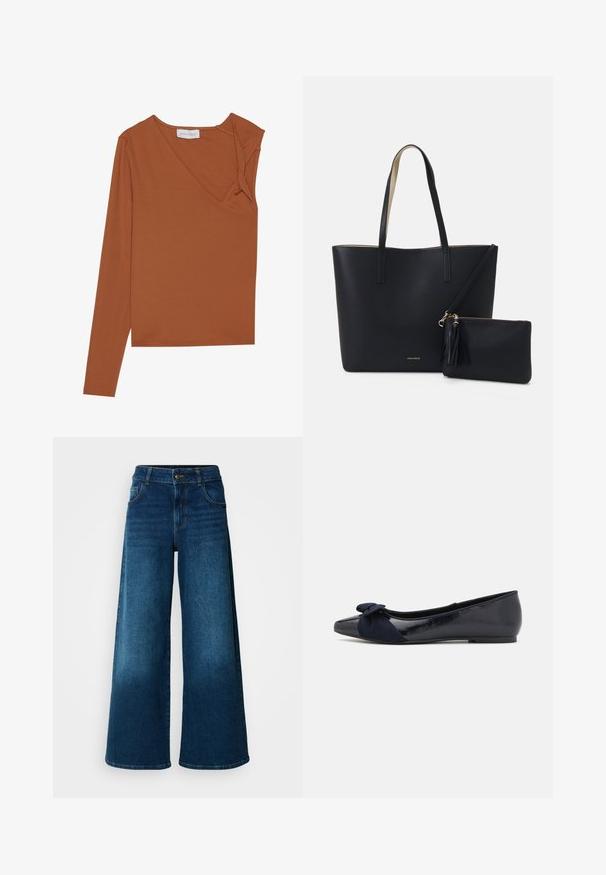 Haut à manches longues de couleur rouille avec un décolleté en V et un détail torsadé sur l'épaule. Fabriqué en tissu doux et extensible avec une silhouette ajustée.; Jean large en denim bleu foncé. Doté d'une taille haute, d'une fermeture à bouton et d'un design classique à cinq poches avec une légère décoloration.; Ballerines navy avec une finition laquée brillante et un détail en suède texturé en forme de nœud sur le bout, présentant un bout rond et une semelle plate.; Sac fourre-tout noir avec un matériau texturé, deux longues anses et une pochette zippée amovible avec un détail de pompon. Logo de la marque en orvisible.