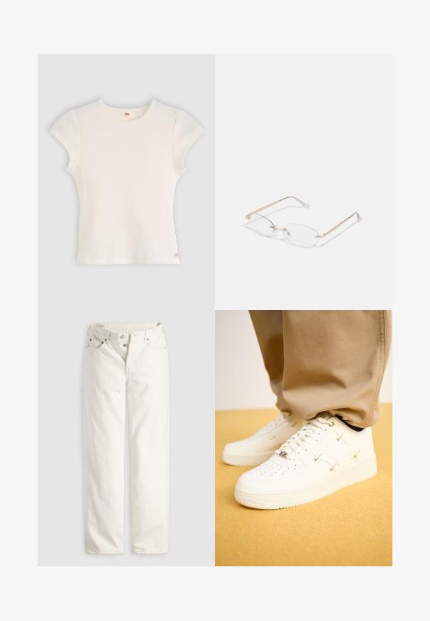 Witte korte mouwen ribbed t-shirt met een ronde halslijn. Kenmerkt zich door het Levi's label aan de linksonderkant en een zachte, textuurstof.; Witte rechte jeans met hoge taille, knoopsluiting, voor- en achterzakken, en zichtbare koperen klinknagels op de hoeken van de zakken.; Witte leren sneakers met geperforeerde neus, gouden accenten en platte veters, gecombineerd met beige broek op een gestructureerde gele ondergrond.; Gouden metalen bril met ovale lenzen, slanke armen en transparante neus pads. Heeft subtiele scharnieraccenten en transparante lenzen.