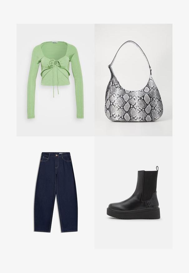 Envii ENMARS - Langarmshirt - salted lime; Dunkelblaue Jeans aus Denim mit lockerem Schnitt, fünf Taschen, Knopfverschluss und kontrastierenden gelben Nähten entlang der Nähte.; Schwarze Leder-Stiefeletten mit elastischen Seitenpaneelen, strukturierten Akzenten im Krokodilsmuster, kräftiger Plattformsohle und Ziehschlaufe.; Schultertasche im schwarz-weißen Schlangenprint mit runder Form, glatter Textur und gebogenem Tragegurt. Mit einem silbernen Hardware-Akzent.