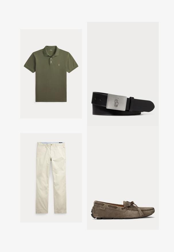 Olivengrøn poloshirt med korte ærmer, to knapper og lille broderet logo på venstre bryst.; Beige bomuld straight-leg bukser med bæltestropper, forreste knap, lynlås og sidelommer.; Lysebrun ruskindsslipper med snøre- og duskedetalje, syet moc-tå og gummiydersål, sidevisning.; Sort læderbælte med en rektangulær sølvmetalspænde med et præget hestebuddy-logo, glat tekstur og fem hul til spænde.